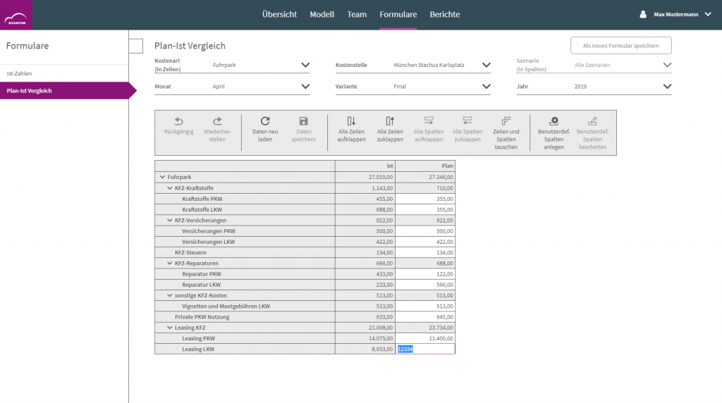 QVANTUM Plan Dateneingabe