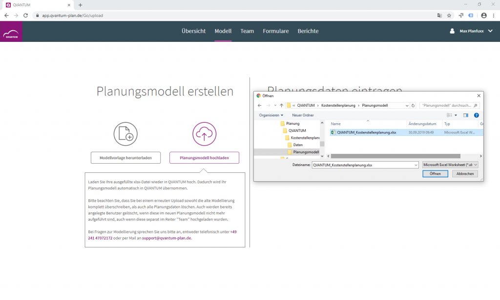 Planungsmodellierung mit der Controlling Cloud QVANTUM, Beispiel Modellimport mit Excel